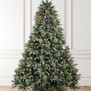 Snow Flocked Mixed Foliage Christmas Tree with Pine Cones & Red Berries